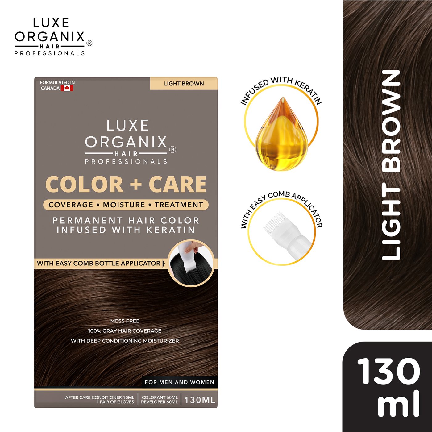 Luxe Organix Color + Care Permanent Hair Color 130ml (Light Brown)