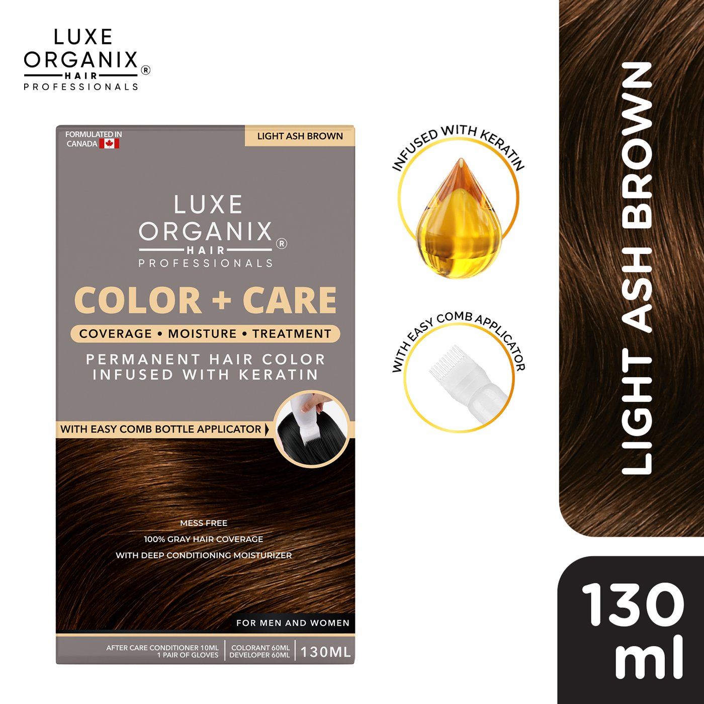 Luxe Organix Color + Care Permanent Hair Color 130ml (Light Ash Brown)